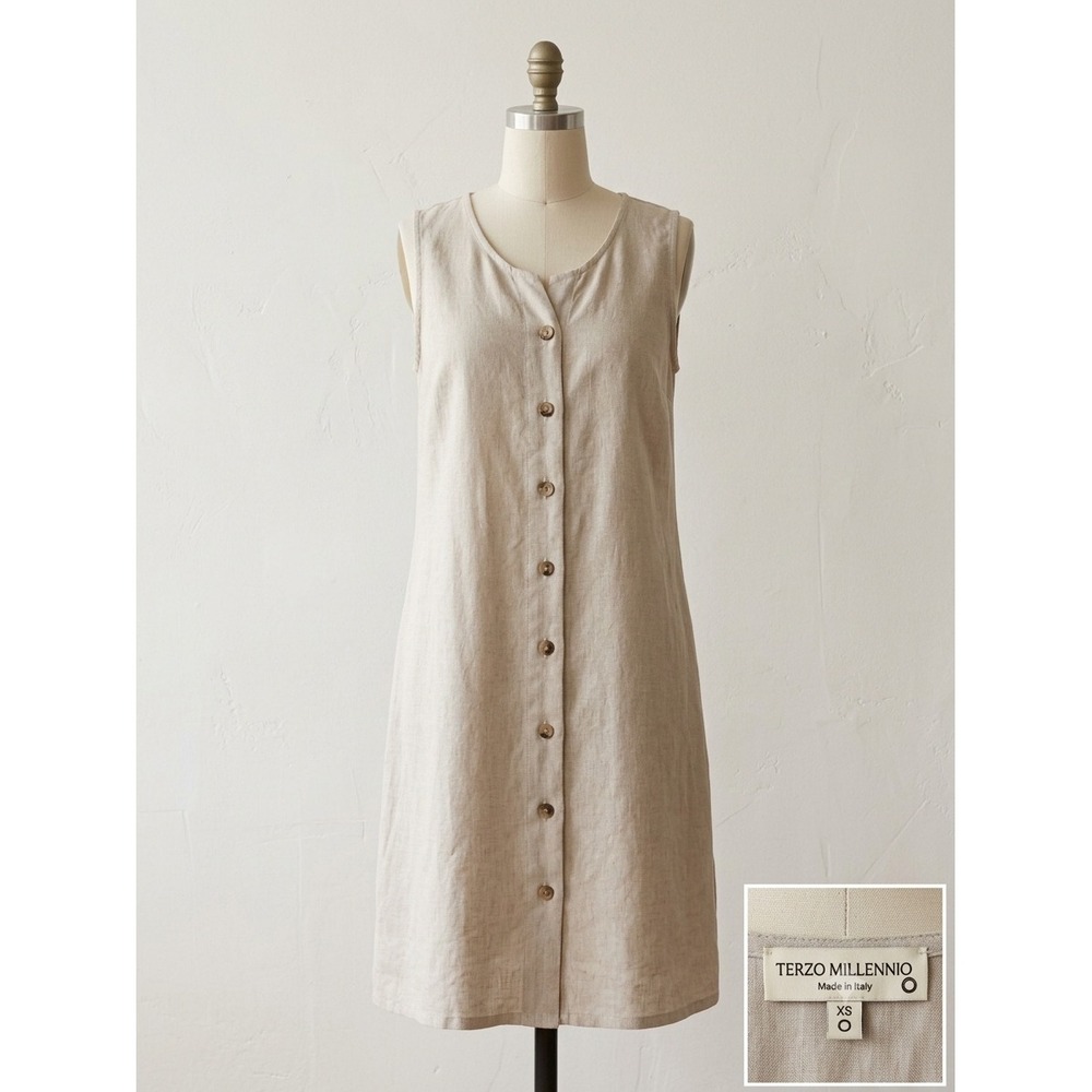 Terzo Millennio Italy Tan Linen Button Front Sleeveless Shift Dress Womens XS